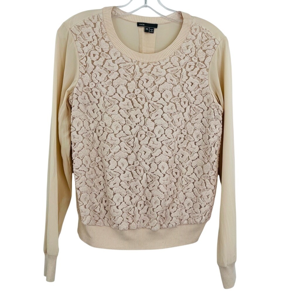 Vince Top Womens XS Blush Lace Overlay Pullover Silk Cashmere Blend Mixed Media‎